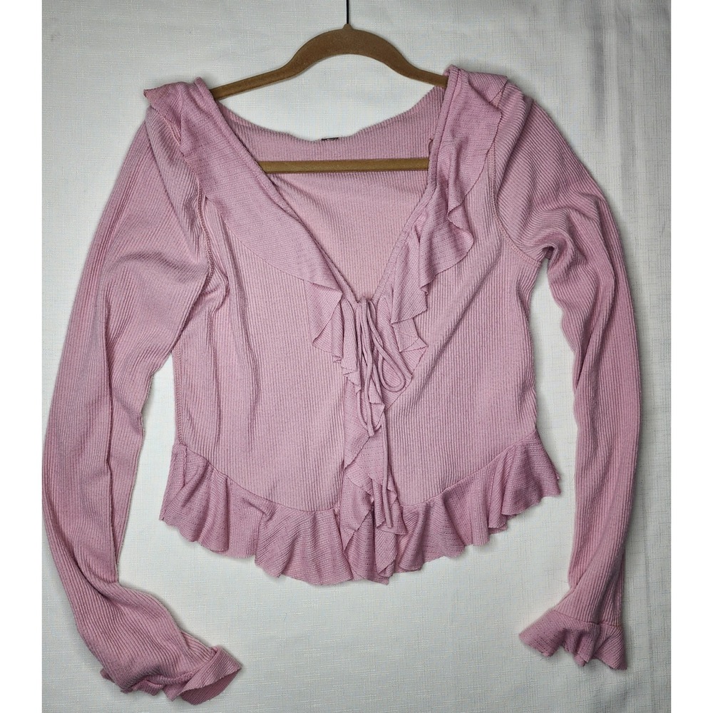 Free People Womens Pink Ruffle Tie Front Long Sleeve Sweater Large Feminine